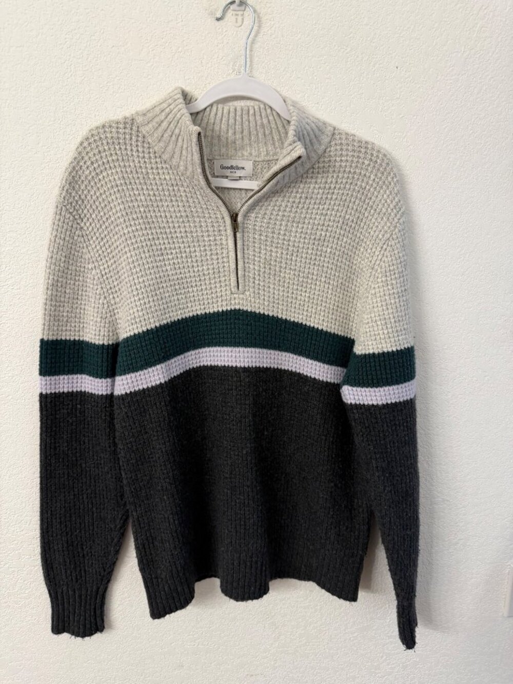 Goodfellow & Co Mens L Waffle Knit Sweater Green White Gray Stripe 1/4 Zip Pullo